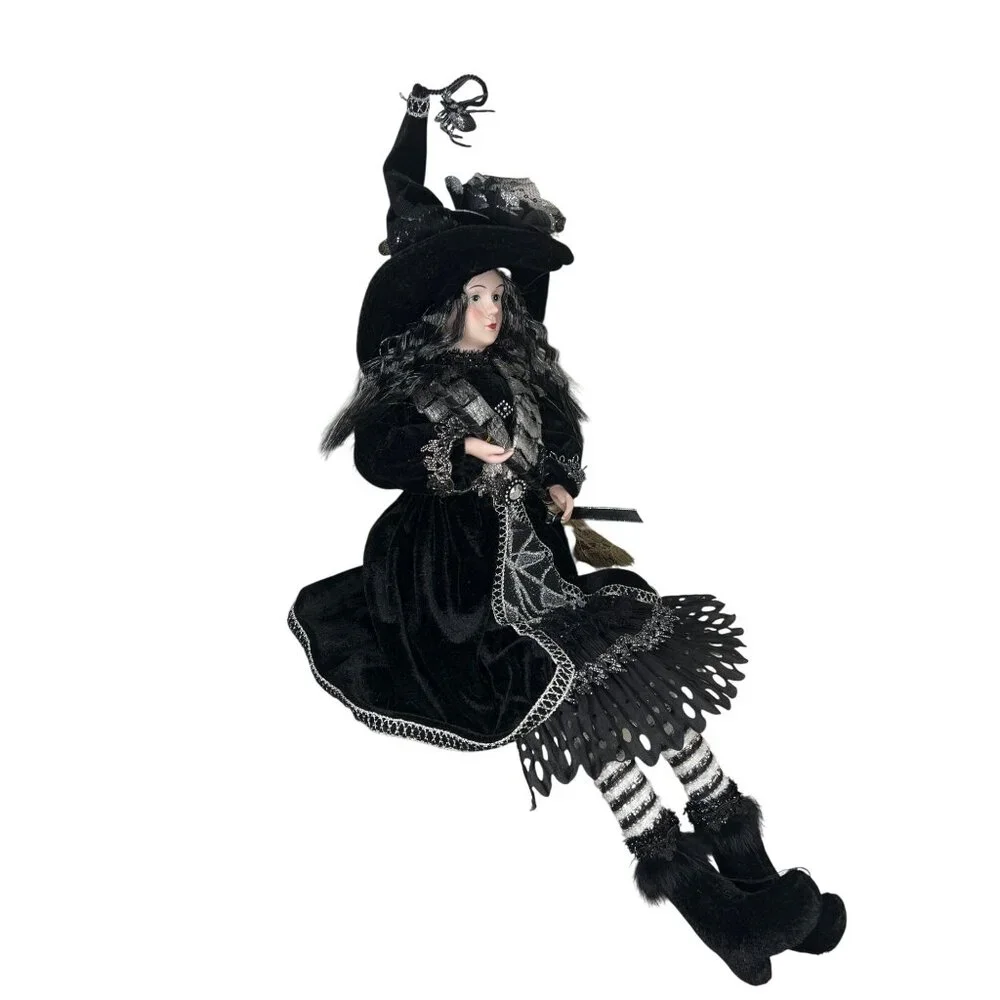 Porcelain Witch Doll Black Silver Velvet Dress Broomstick Halloween Collectible